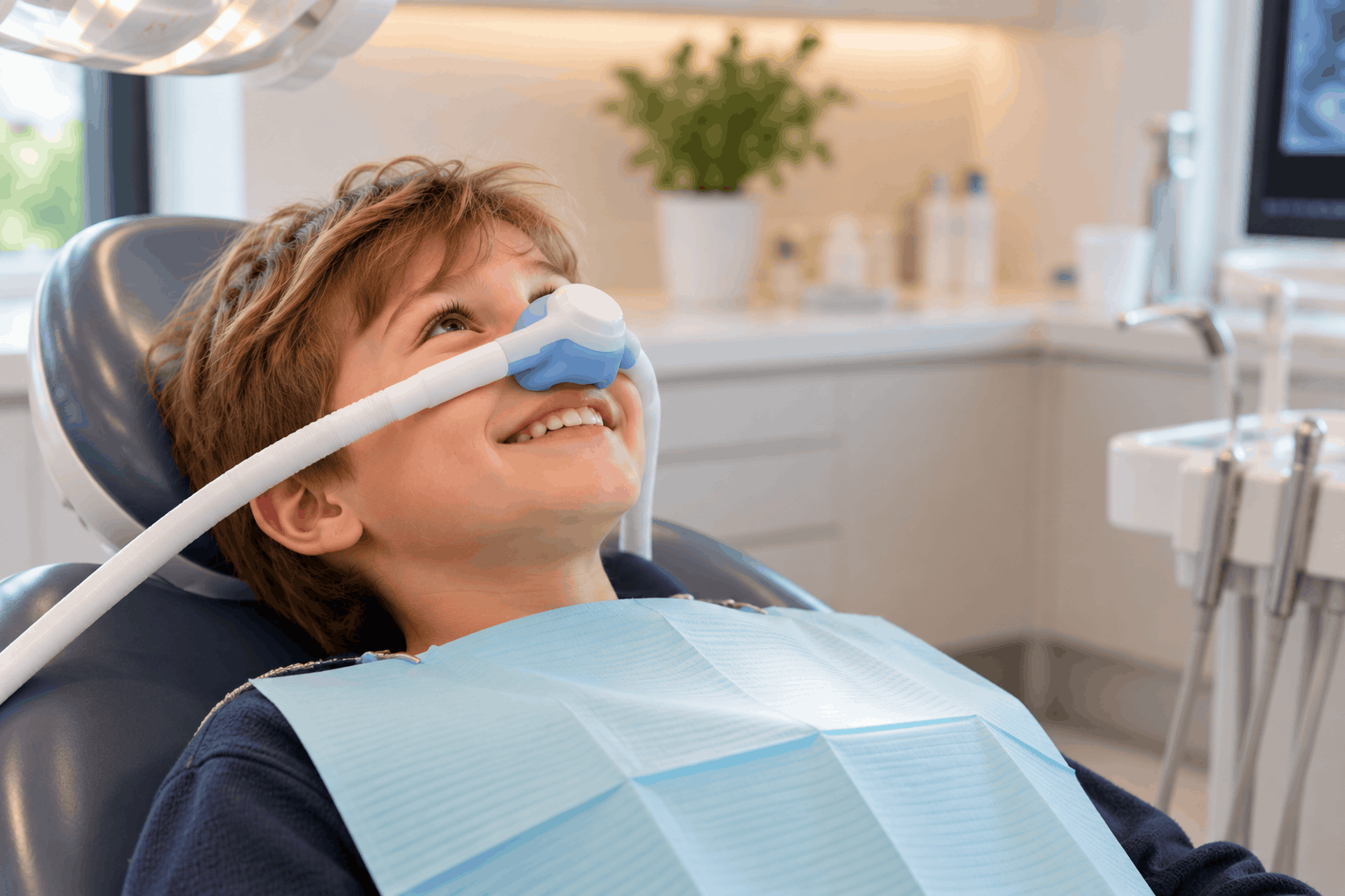 Kind met neusmaskertje voor lachgas bij de kindertandarts